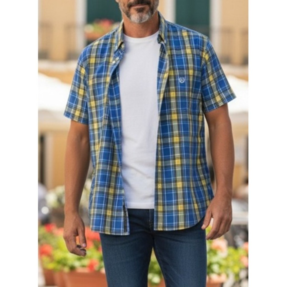 Chaps Mens XL Blue Yellow Plaid Easy Care Short‎ Sleeve Button Down Shirt